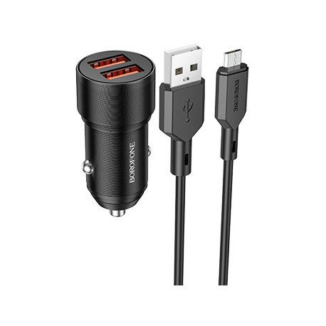 Автомобильное зарядное устройство (АЗУ) Borofone BZ19 (2 USB) + кабель MicroUSB, 2.4 А, черный