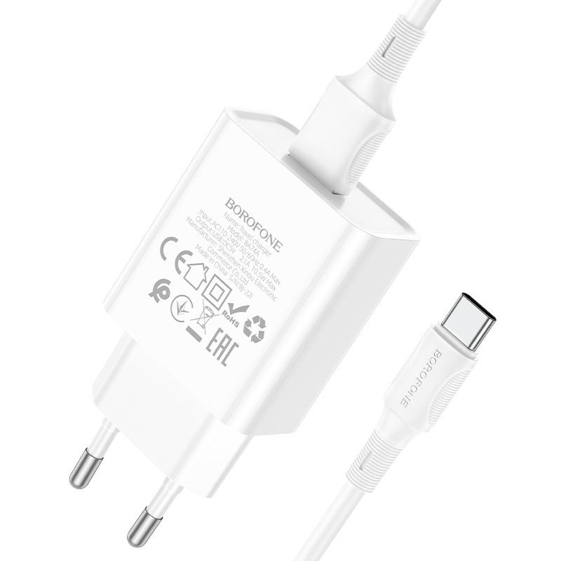 Сетевое зарядное устройство (СЗУ) Borofone BA74A (USB) + кабель Type-C, 2.1 А, белый