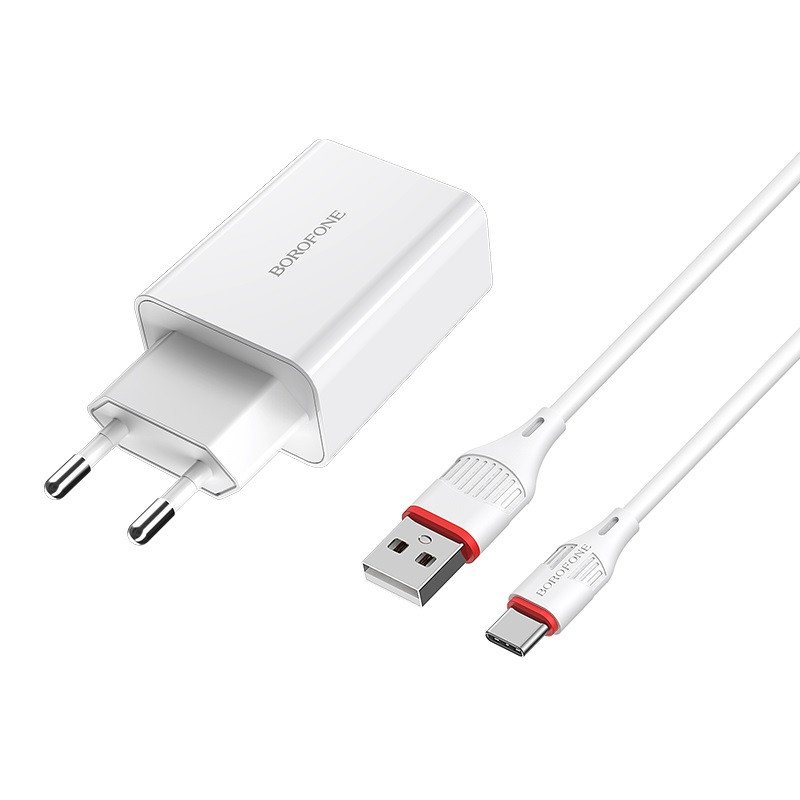 Сетевое зарядное устройство (СЗУ) Borofone BA21A QC 3.0 (USB) + кабель Type-C, 18 Вт/3 А, белый