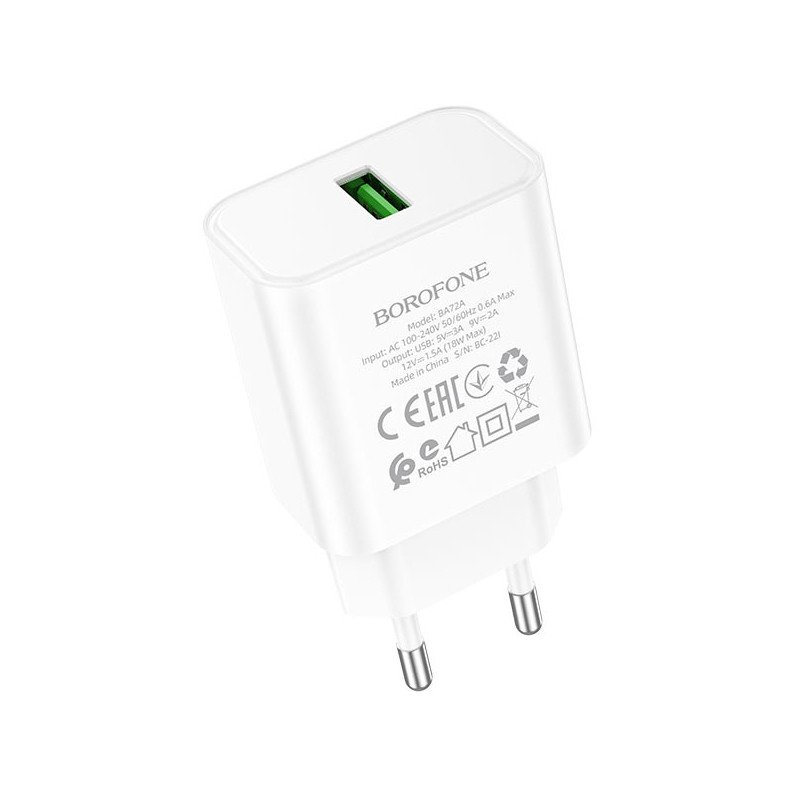 Сетевое зарядное устройство (СЗУ) Borofone BA72A (USB) 18 Вт/2.1 А, белый