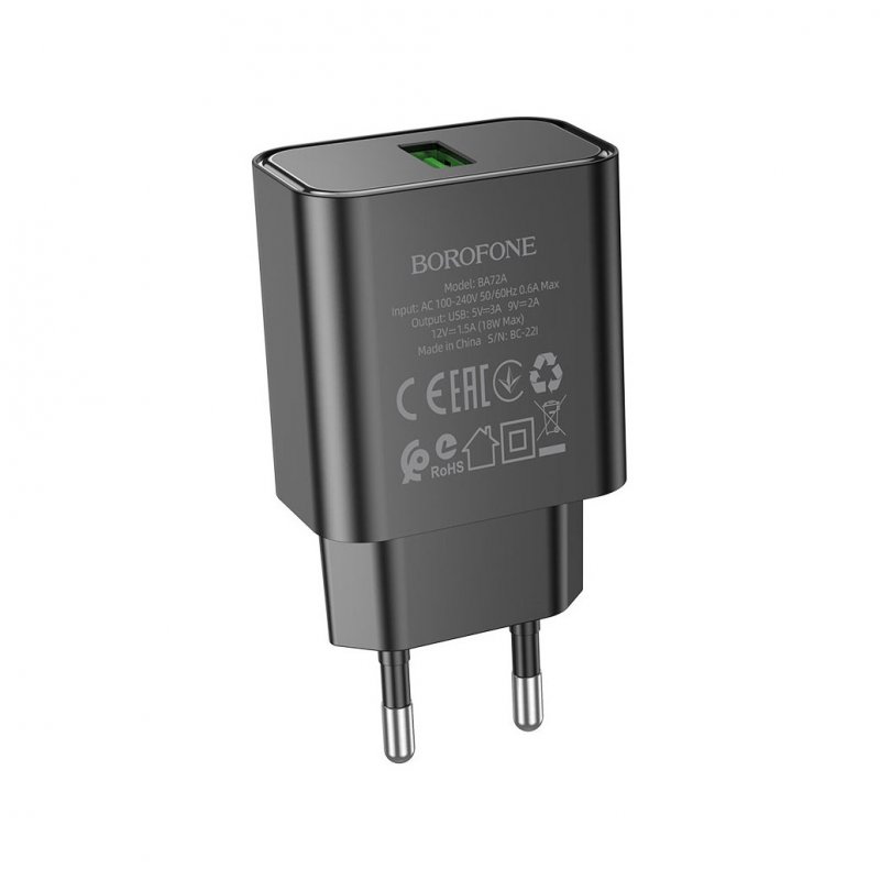 Сетевое зарядное устройство (СЗУ) Borofone BA72A (USB) 18 Вт/2.1 А, черный