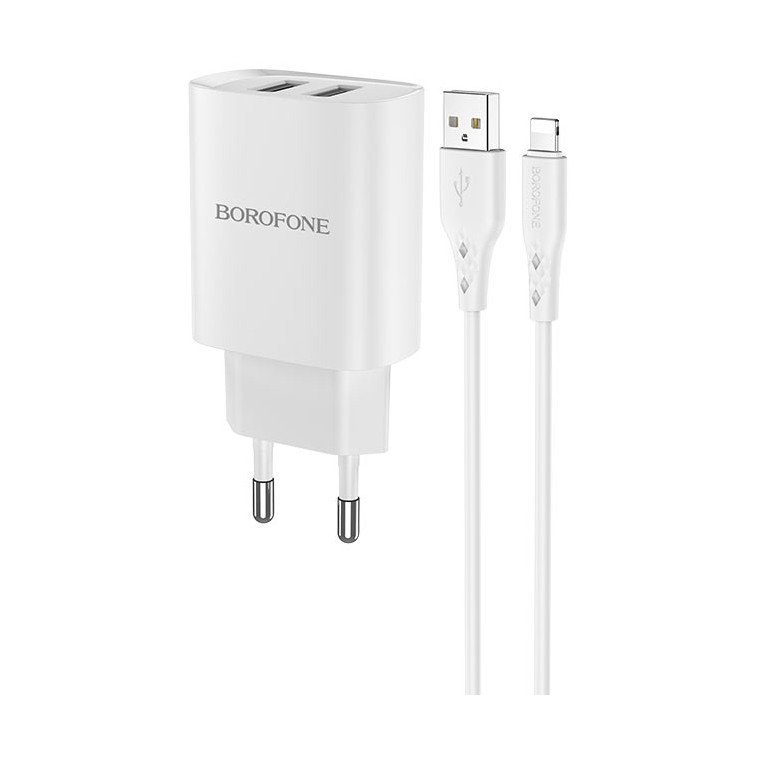 Сетевое зарядное устройство (СЗУ) Borofone BA72A (USB) + кабель Lightning, 2.1 А, белый
