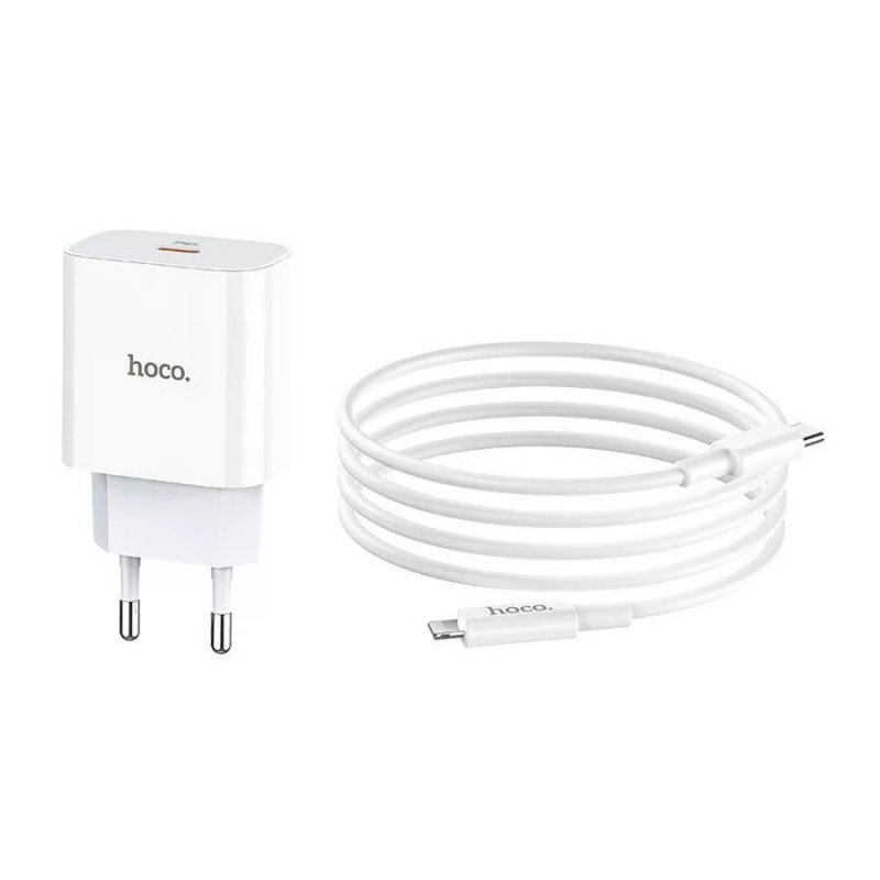 Сетевое зарядное устройство (СЗУ) Hoco C76A Pro (Type-C) + кабель Type-C-Lightning, 30 Вт/3 А, белый