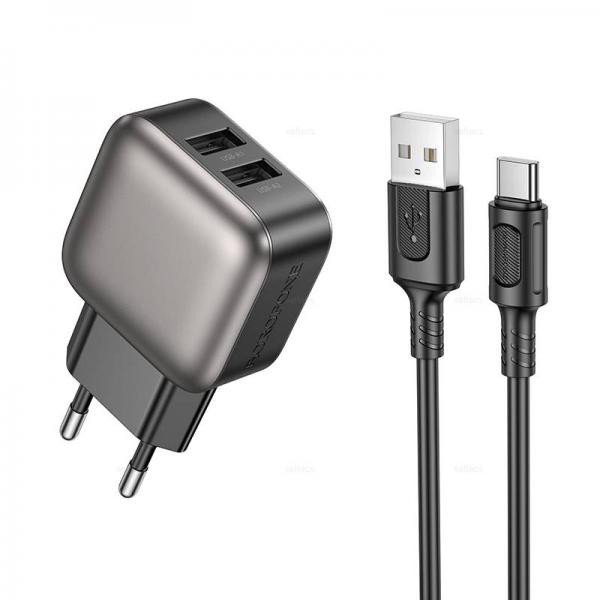 Сетевое зарядное устройство (СЗУ) Borofone BAS51A (2 USB PD) + кабель Type-C, 2.4 А, черный