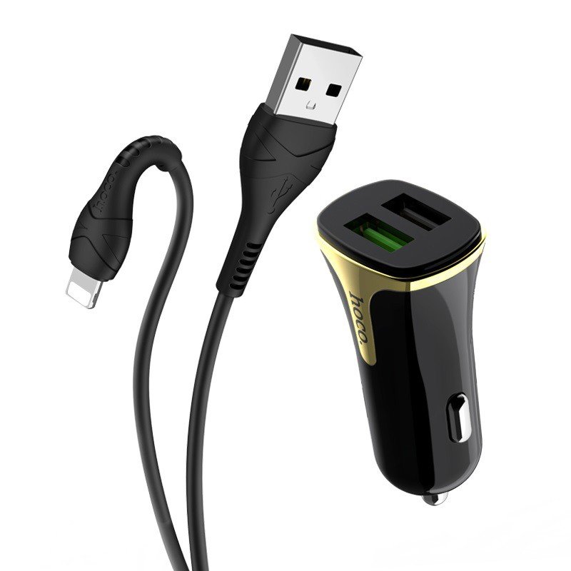 Автомобильное зарядное устройство (АЗУ) Hoco Z31 QC 3.0 (2 USB) + кабель Lightning, 3.4 А, черный
