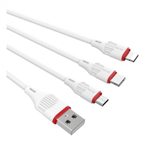 Дата-кабель Borofone BX17 (3 в 1) USB-Type-C/Lightning/MicroUSB, 1 м (белый)