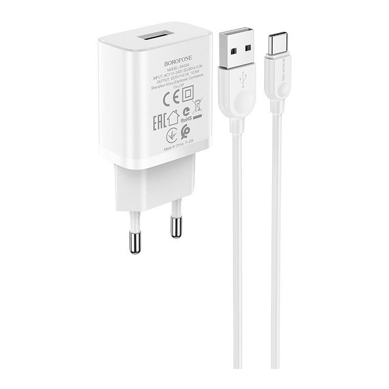 Сетевое зарядное устройство (СЗУ) Borofone BA52A (USB) + кабель Type-C, 2.1 А, белый