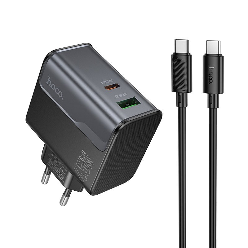 Сетевое зарядное устройство (СЗУ) Hoco CS74A (USB/Type-C PD) + кабель Type-C-Type-C, 45 Вт/3 А, черный