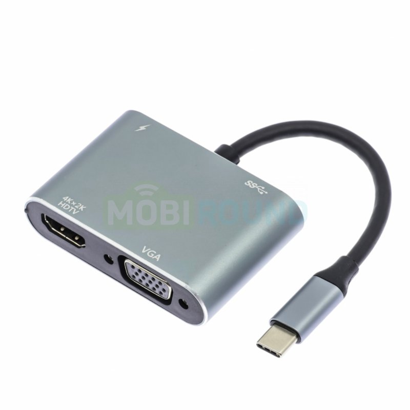 Переходник (адаптер) Type-C-HDMI/VGA/USB/Type-C, серебро
