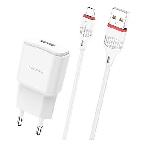 Сетевое зарядное устройство (СЗУ) Borofone BA48A (USB) + кабель MicroUSB, 2.1 А (белый)