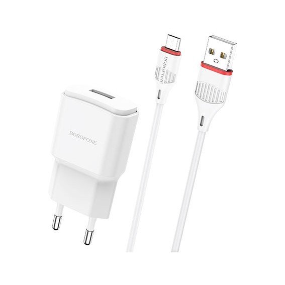 Сетевое зарядное устройство (СЗУ) Borofone BA48A (USB) + кабель MicroUSB, 2.1 А, белый