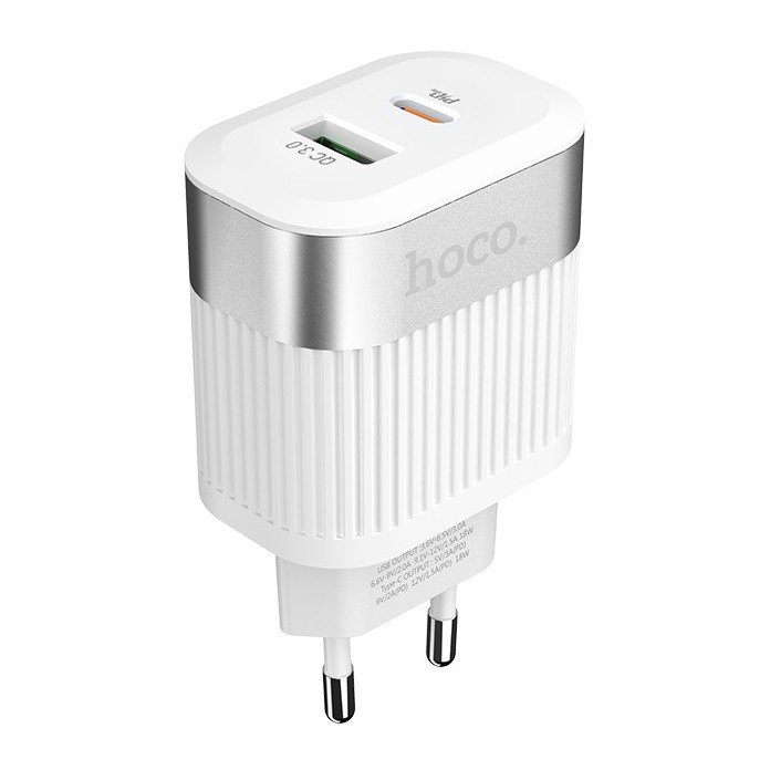 Сетевое зарядное устройство (СЗУ) Hoco C58A QC 3.0 (2 USB/Type-C PD) 20 Вт/3 А, белый