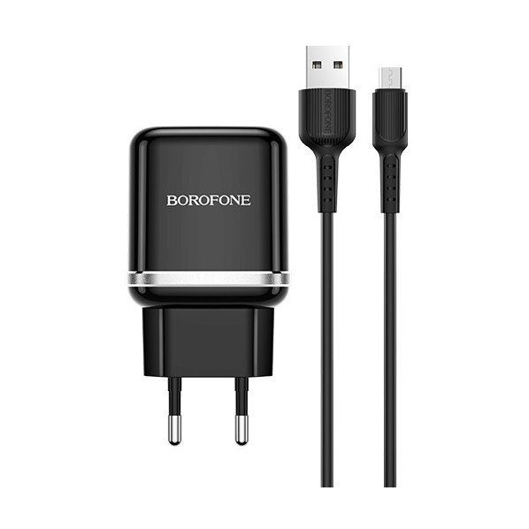 Сетевое зарядное устройство (СЗУ) Borofone BA36A QC 3.0 (USB) + кабель MicroUSB, 18 Вт/3 А, черный