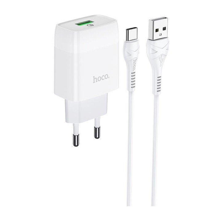 Сетевое зарядное устройство (СЗУ) Hoco C72Q (USB) + кабель Type-C, 18 Вт/3 А, белый