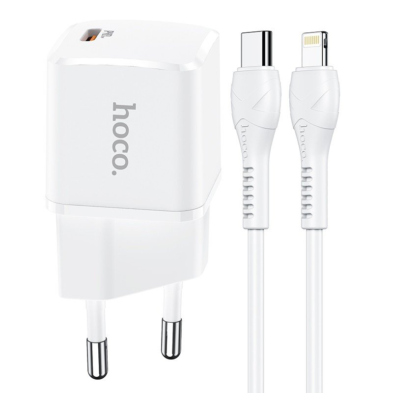 Сетевое зарядное устройство (СЗУ) Hoco N10 (Type-C PD) + кабель Type-C-Lightning, 20 Вт/3 А, белый