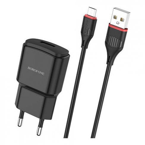 Сетевое зарядное устройство (СЗУ) Borofone BA48A (USB) + кабель MicroUSB, 2.1 А (черный)