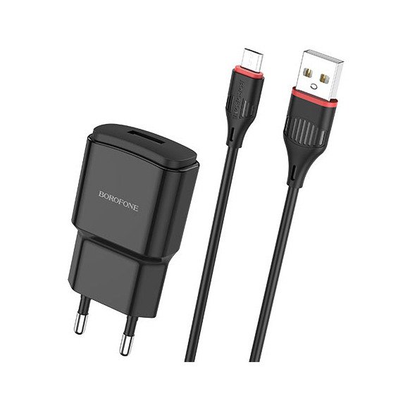 Сетевое зарядное устройство (СЗУ) Borofone BA48A (USB) + кабель MicroUSB, 2.1 А, черный
