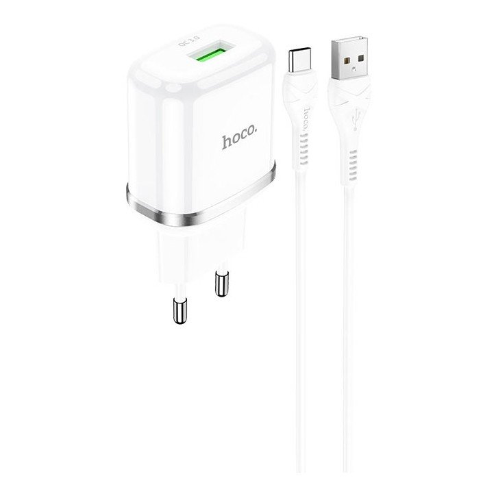 Сетевое зарядное устройство (СЗУ) Hoco N3 Vigour QC 3.0 (USB) + кабель Type-C, 18 Вт/3 А, белый