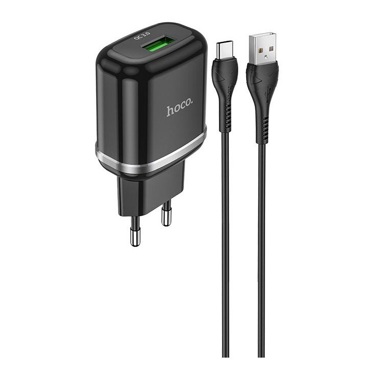 Сетевое зарядное устройство (СЗУ) Hoco N3 Vigour QC 3.0 (USB) + кабель Type-C, 18 Вт/3 А, черный