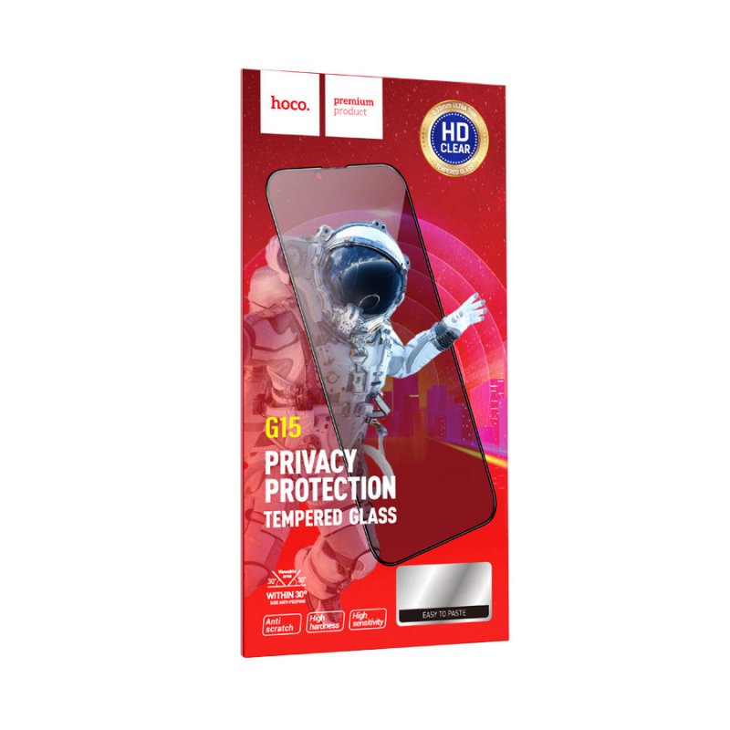 Противоударное стекло 2D Hoco G15 для Apple iPhone 14 Pro (полное покрытие / антишпион) черный