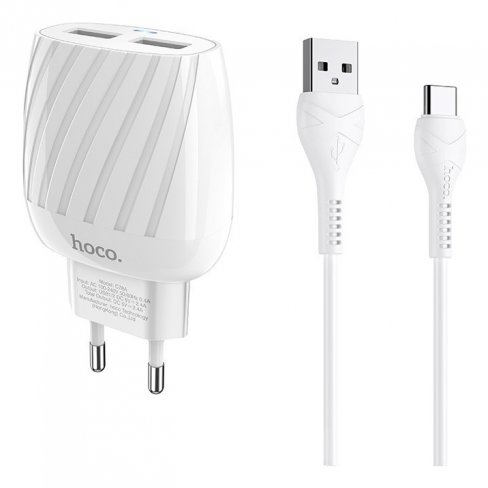 Сетевое зарядное устройство (СЗУ) Hoco C78A (2 USB) + кабель Type-C, 2.4 А