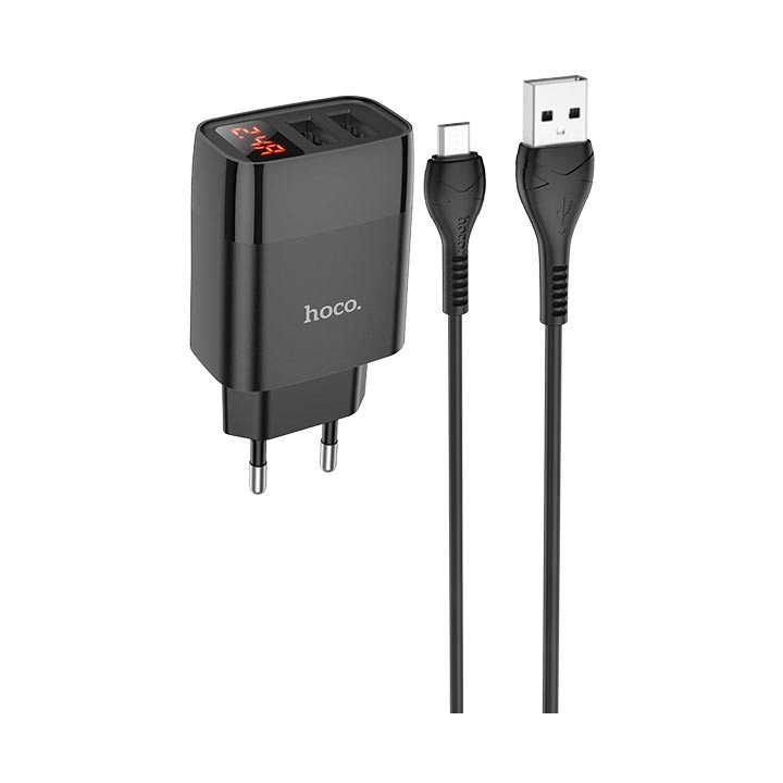 Сетевое зарядное устройство (СЗУ) Hoco C86A (2 USB) + кабель MicroUSB, 2.4 А, черный