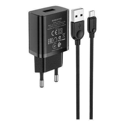 Сетевое зарядное устройство (СЗУ) Borofone BA52A (USB) + кабель MicroUSB, 2.1 А (черный)