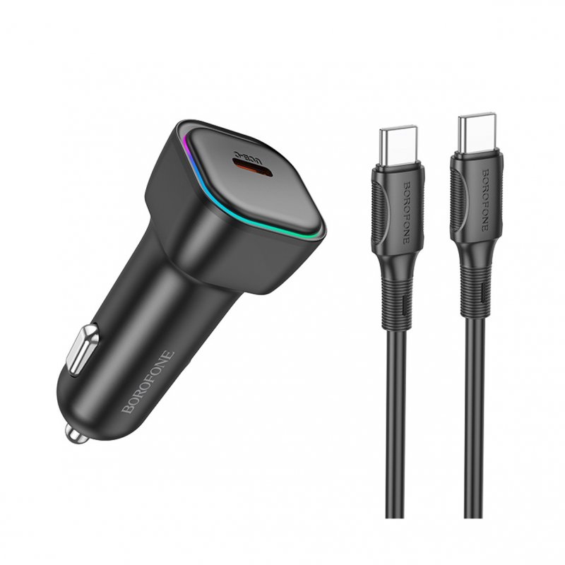 Автомобильное зарядное устройство (АЗУ) Borofone BZ28 QC 3.0 (Type-C) + кабель Type-C-Type-C, 3 А, черный
