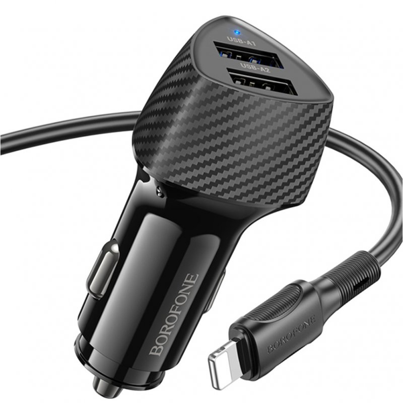 Автомобильное зарядное устройство (АЗУ) Borofone BZ31A QC 3.0 (2 USB) + кабель Lightning, 3.4 А, черный