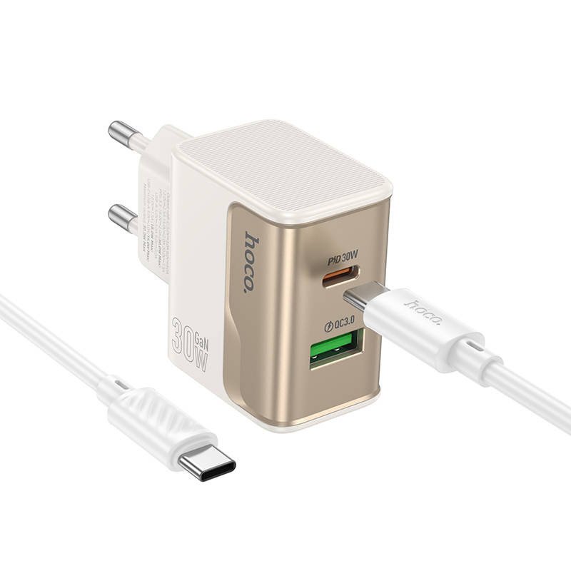 Сетевое зарядное устройство (СЗУ) Hoco CS71A (USB/Type-C PD) + кабель Type-C-Type-C, 20 Вт/3 А, золото
