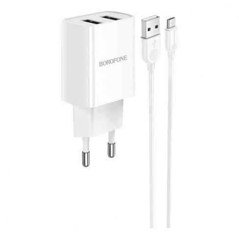 Сетевое зарядное устройство (СЗУ) Borofone BA53A (USB) + кабель MicroUSB, 2.1 А (белый)