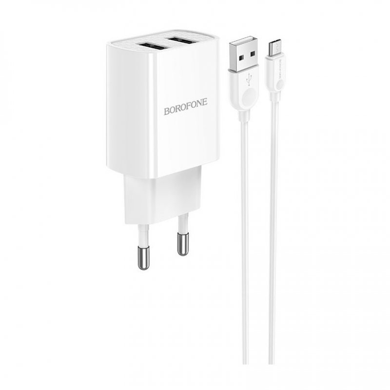 Сетевое зарядное устройство (СЗУ) Borofone BA53A (USB) + кабель MicroUSB, 2.1 А, белый