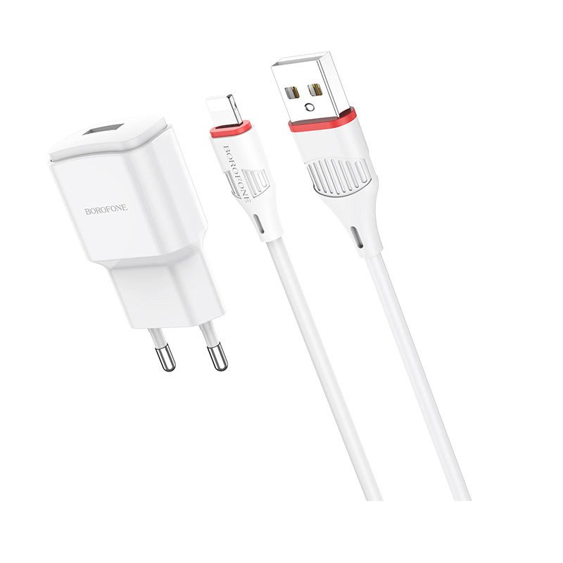 Сетевое зарядное устройство (СЗУ) Borofone BA48A (USB) + кабель Lightning, 2.1 А, белый