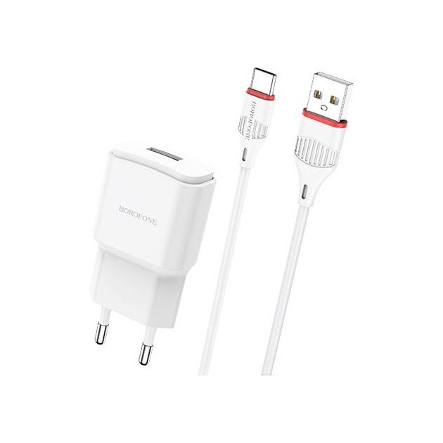 Сетевое зарядное устройство (СЗУ) Borofone BA48A (USB) + кабель Type-C, 2.1 А, белый