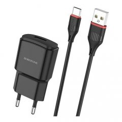 Сетевое зарядное устройство (СЗУ) Borofone BA48A (USB) + кабель Type-C, 2.1 А (черный)