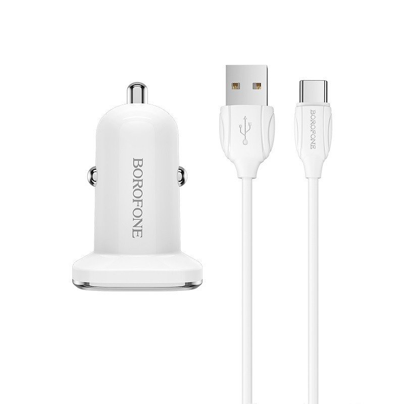 Автомобильное зарядное устройство (АЗУ) Borofone BZ12A QC 3.0 (USB) + кабель Type-C, 3 А, белый