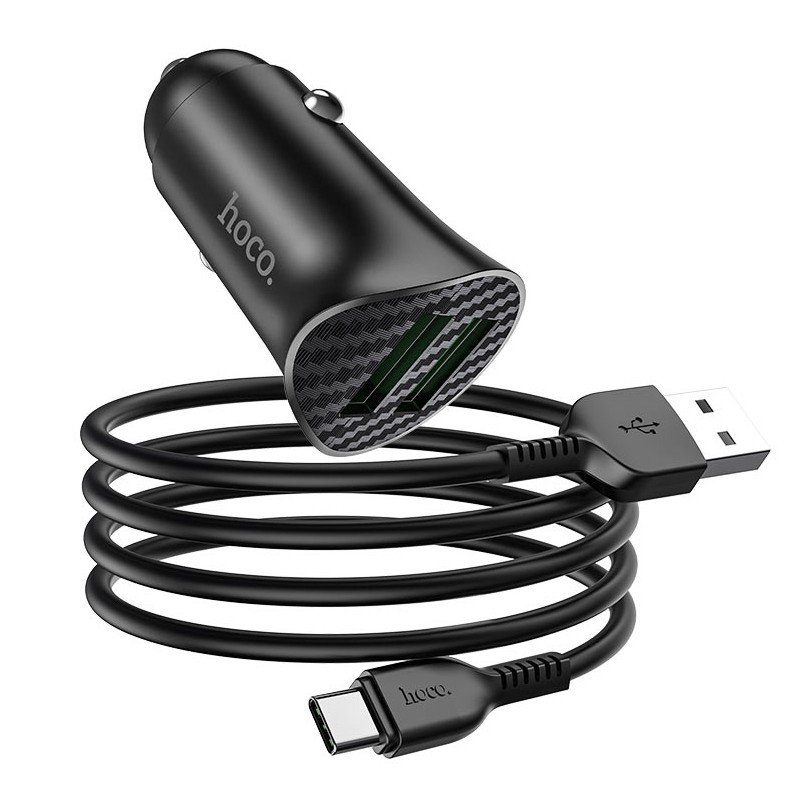 Автомобильное зарядное устройство (АЗУ) Hoco Z39 QC 3.0 (2 USB) + кабель Type-C, 3 А, черный