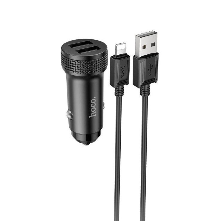Автомобильное зарядное устройство (АЗУ) Hoco Z49 (2 USB) + кабель Lightning, 2.4 А, черный