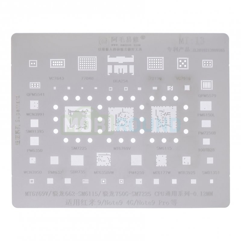Трафарет BGA MT6769V / 662-SM6115 / 750G-SM7225 для Xiaomi Redmi Note 9 / Redmi Note 9 Pro (MI:13)