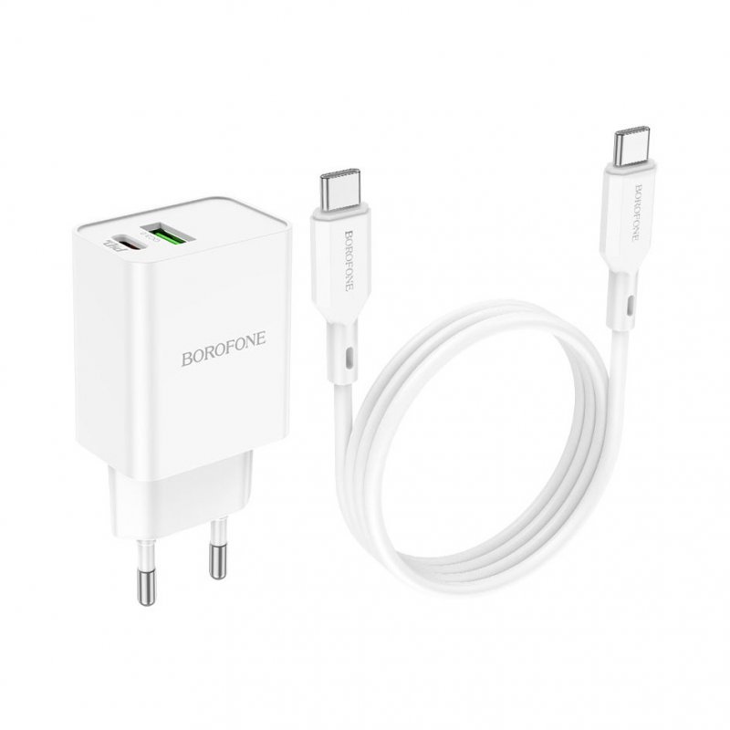 Сетевое зарядное устройство (СЗУ) Borofone BA69A (USB/Type-C PD) + кабель Type-C-Type-C, 20 Вт, белый