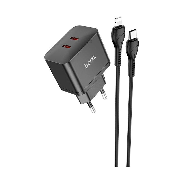 Сетевое зарядное устройство (СЗУ) Hoco N29 (2 Type-C PD) + кабель Type-C-Lightning, 35 Вт/3 А, черный