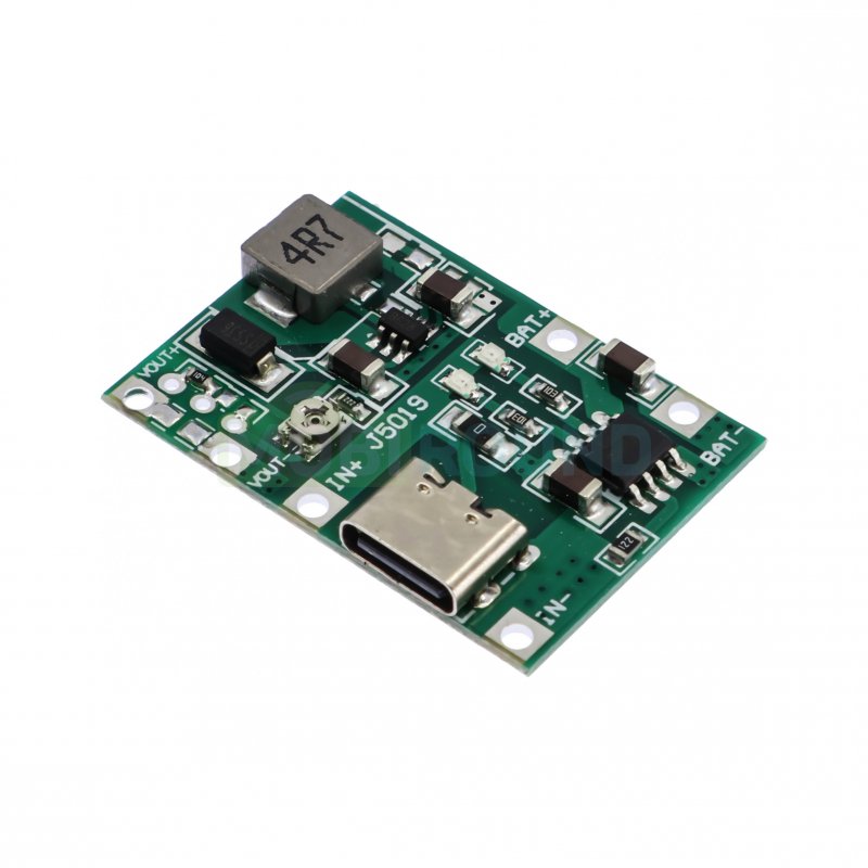 Модуль зарядки Li-ion аккумуляторов TP4056 с Step-Up DC-DC преобразователем Uвх-5 В/Uвых-4.3-27 В/Iзар-1 А/Imax-2 А (Type-C)