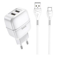 Сетевое зарядное устройство (СЗУ) Hoco C77A (2 USB) + кабель Type-C, 2.4 А (белый)