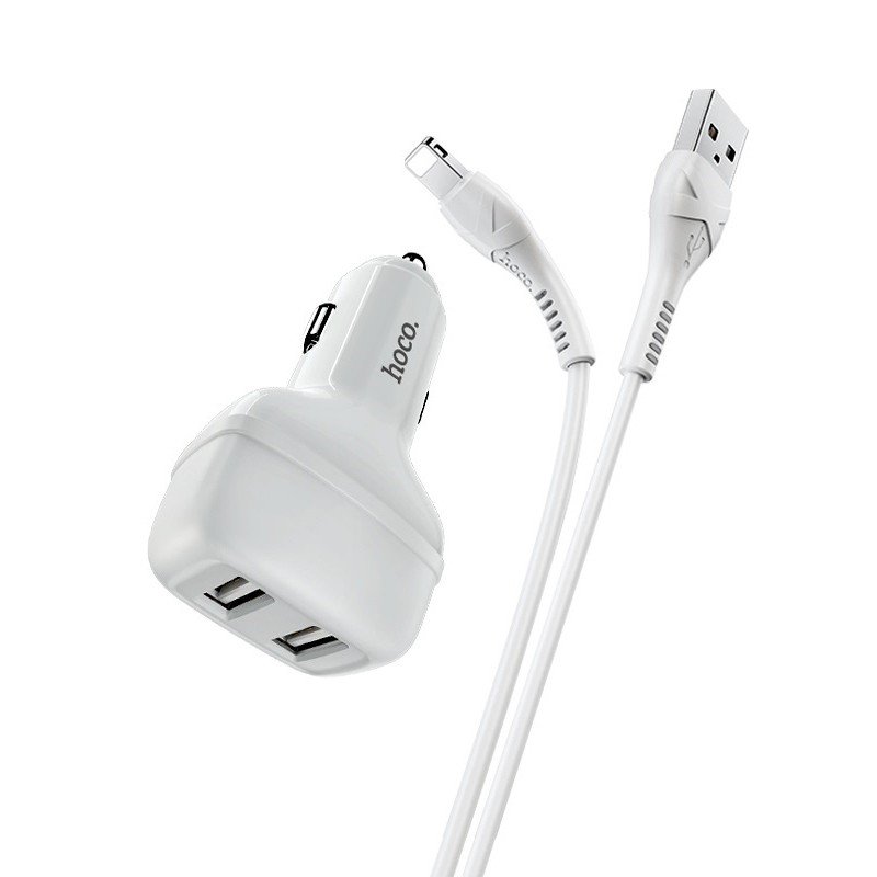 Автомобильное зарядное устройство (АЗУ) Hoco Z36 (2 USB) + кабель Lightning, 2.4 А, белый