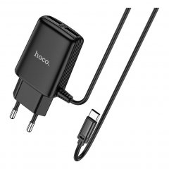 Сетевое зарядное устройство (СЗУ) Hoco C82A (2 USB) + кабель Type-C, 2.4 А (черный)