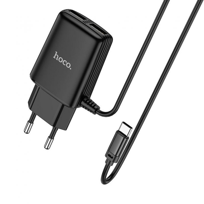 Сетевое зарядное устройство (СЗУ) Hoco C82A (2 USB) + кабель Type-C, 2.4 А, черный