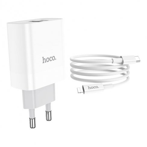 Сетевое зарядное устройство (СЗУ) Hoco C80A QC 3.0 (USB+Type-C PD) + кабель Lightning-Type-C, 3.1 А (белый)