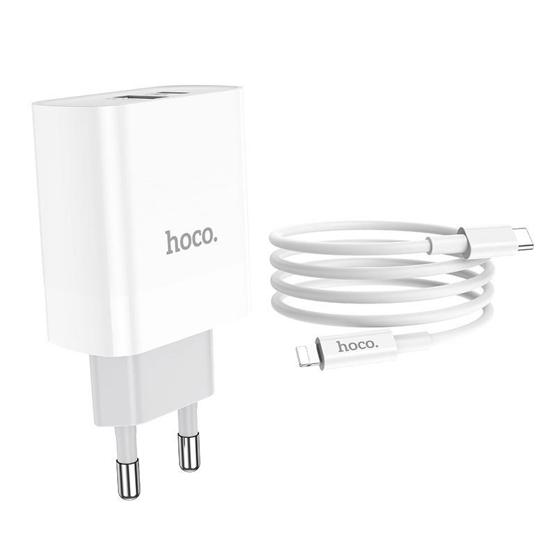 Сетевое зарядное устройство (СЗУ) Hoco C80A QC 3.0 (USB/Type-C PD) + кабель Type-C-Lightning, 18 Вт/3.1 А, белый