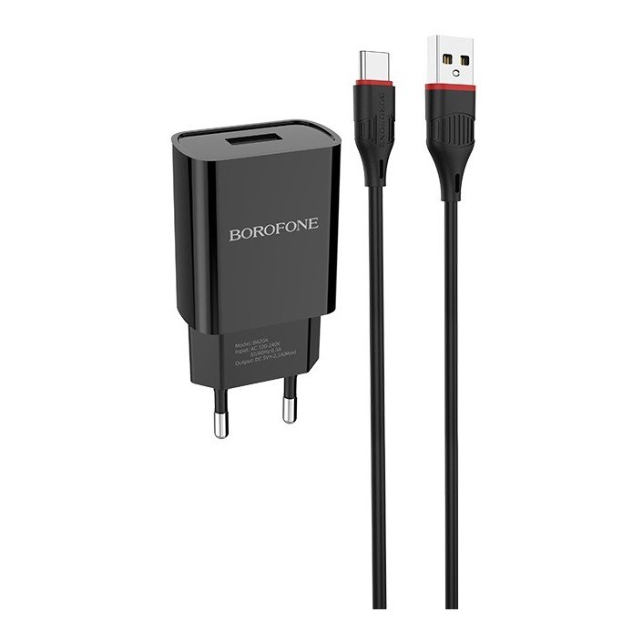 Сетевое зарядное устройство (СЗУ) Borofone BA20A (USB) + кабель Type-C, 2.1 А, черный