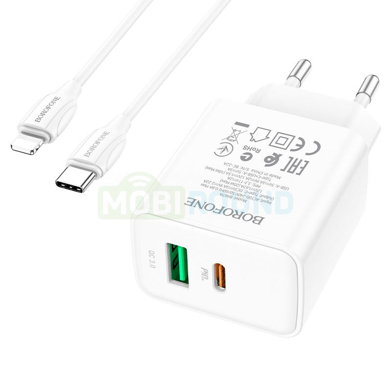 Сетевое зарядное устройство (СЗУ) Borofone BA67A QC 3.0 (USB/Type-C) + кабель Type-C-Lightning, 20 Вт/3 А, белый